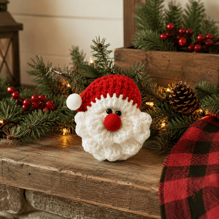 Handmade crochet Santa Christmas ornament resting on a rustic wooden mantelpiece
