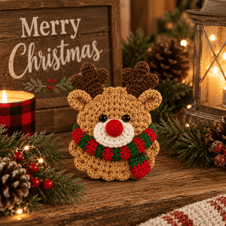 Handmade crochet Reindeer Christmas ornament displayed on a wooden surface with pine branches