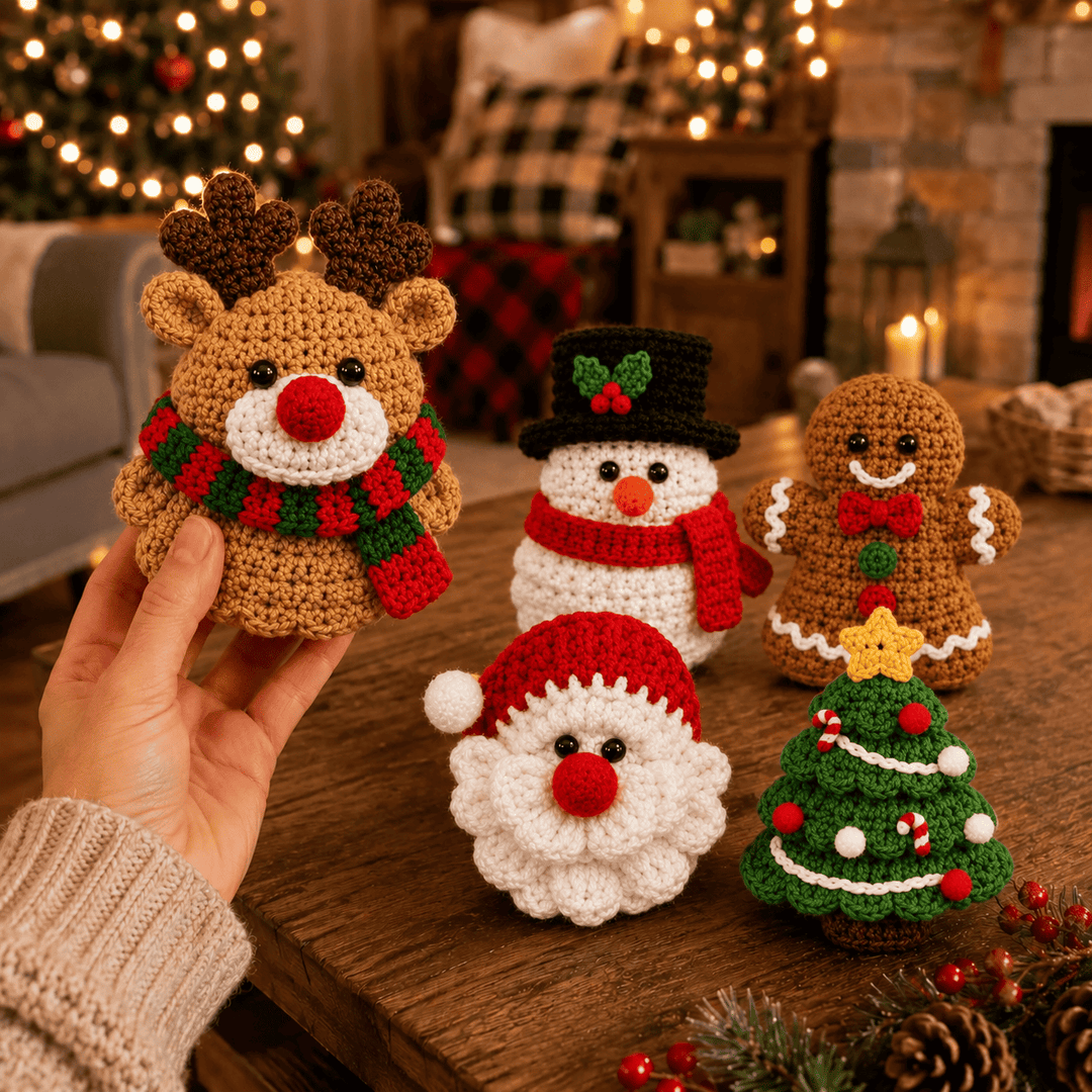Assorted festive crochet accessories and holiday tree ornaments