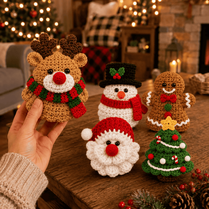 Assorted festive crochet accessories and holiday tree ornaments