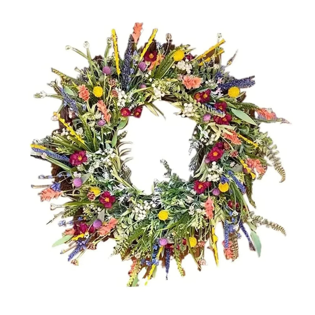 Handmade multi-color floral door wreath isolated on white background