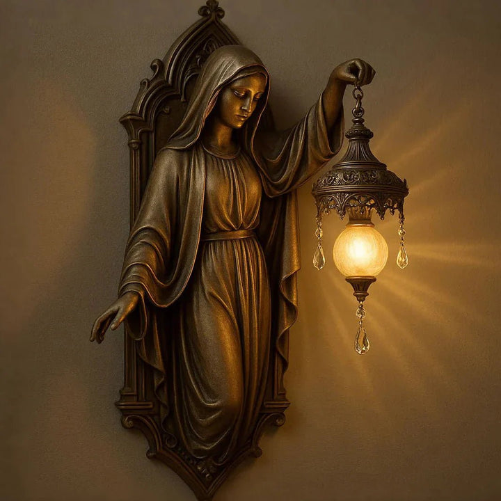 Handmade spiritual wall lamp glowing with soft LED light in a dark room