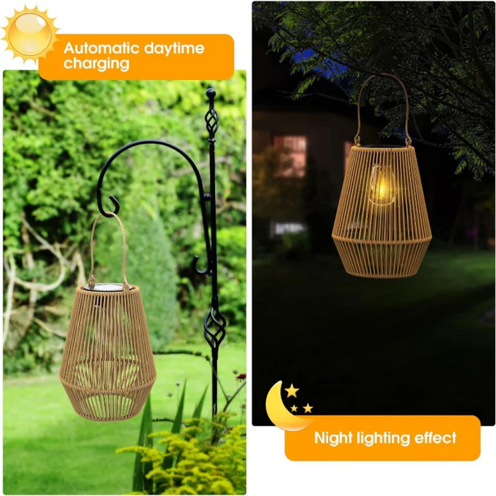 Handwoven rattan solar garden lantern hanging on a patio hook