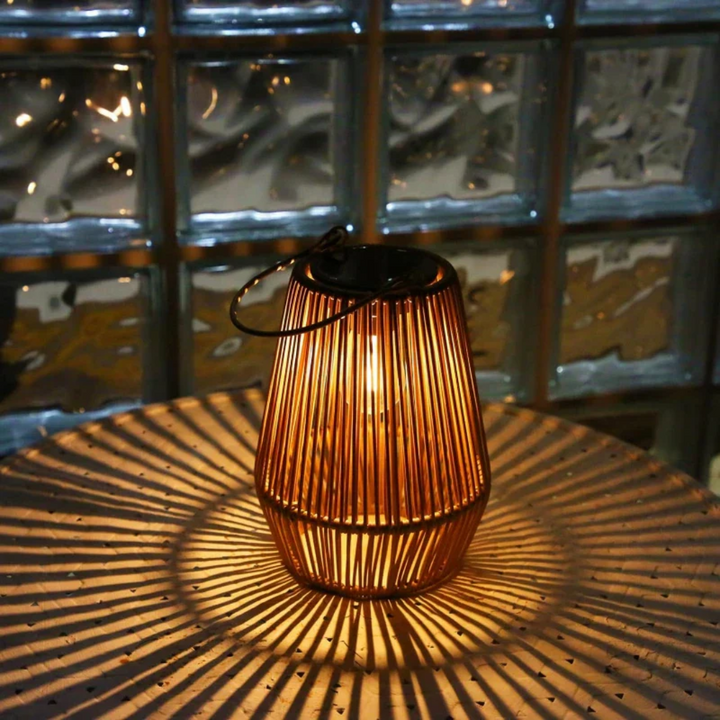Eco friendly solar garden light glowing during twilight outdoors