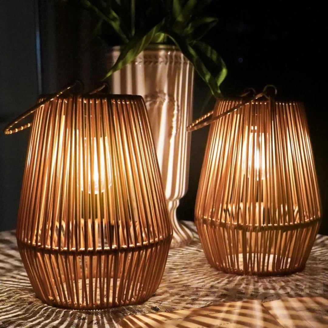 Wireless outdoor lantern illuminating a backyard pathway at night