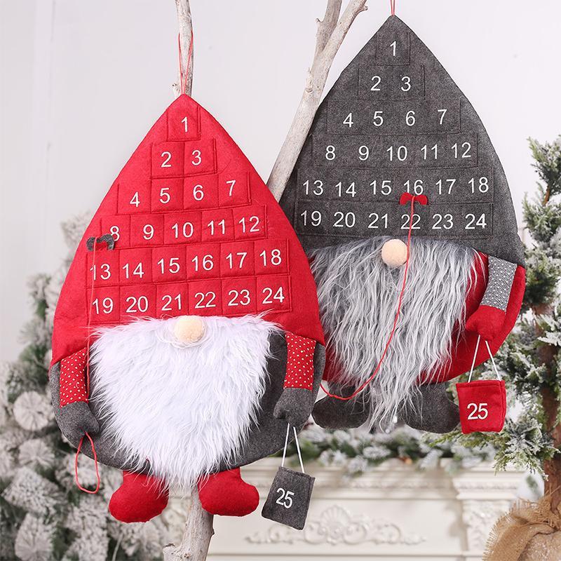 Red and gray hanging Santa advent calendars displayed together for the holidays