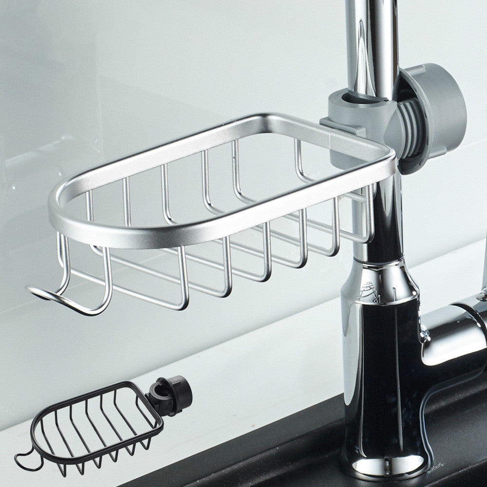 Silver hanging shower soap dish mounted on a vertical pole with spare black unit shown