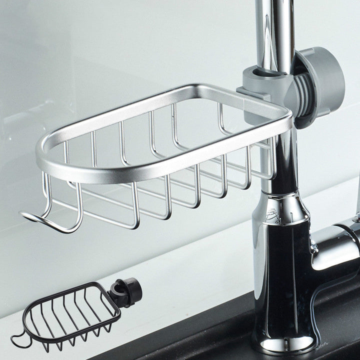 Silver hanging shower soap dish mounted on a vertical pole with spare black unit shown