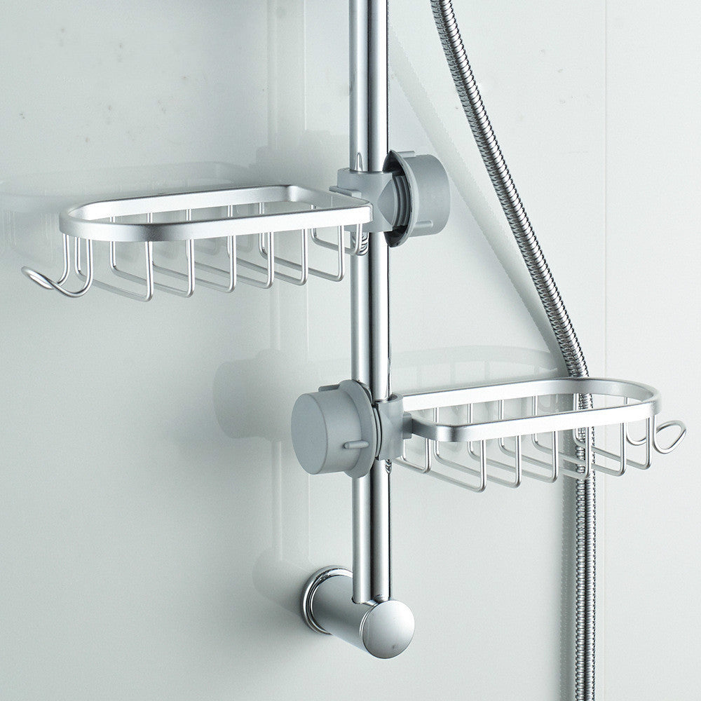 Dual silver hanging shower soap dishes mounted on a bathroom shower rail system
