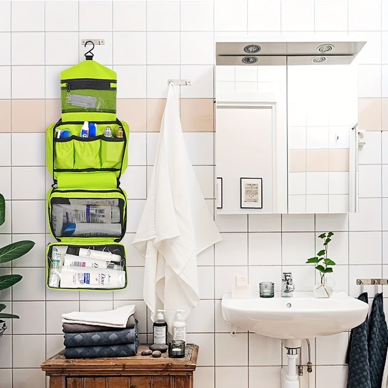 Hanging bathroom storage bag suspended from a hook, displaying organized toiletries.