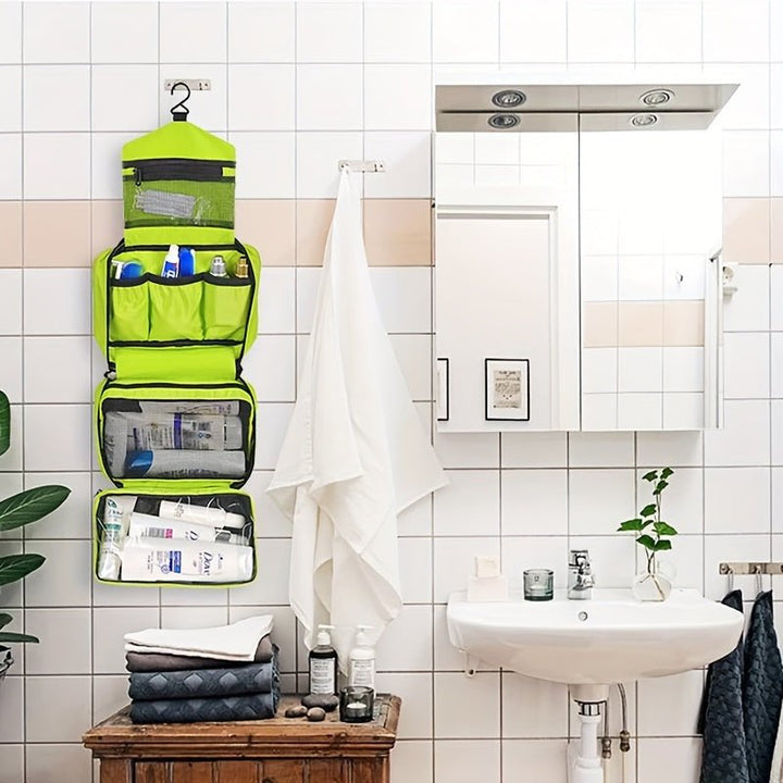 Hanging bathroom storage bag suspended from a hook, displaying organized toiletries.