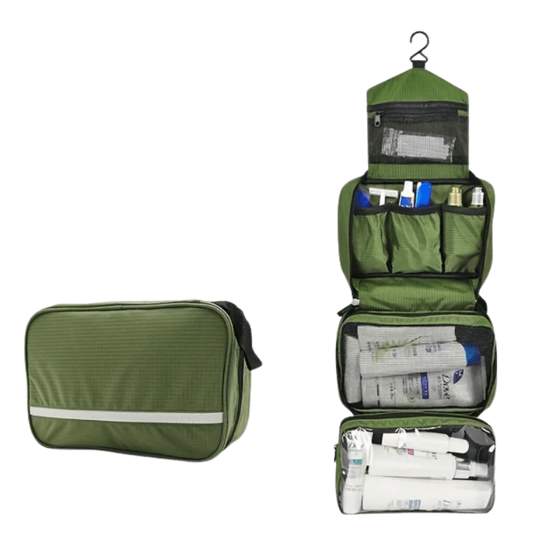 Durable travel accessories bag featuring heavy-duty zippers and sturdy handle.