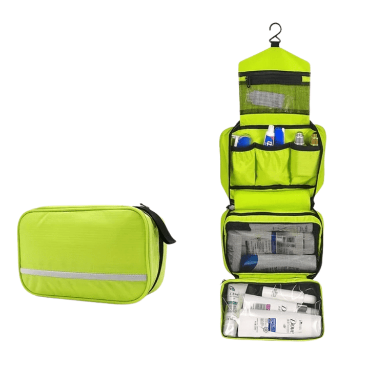 Water-resistant travel toiletry bag filled with skincare bottles and personal care items.