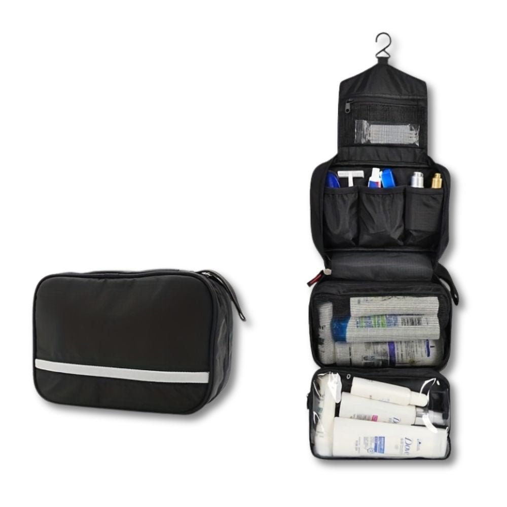 Black hanging toiletry bag shown closed and fully unfolded with compartments