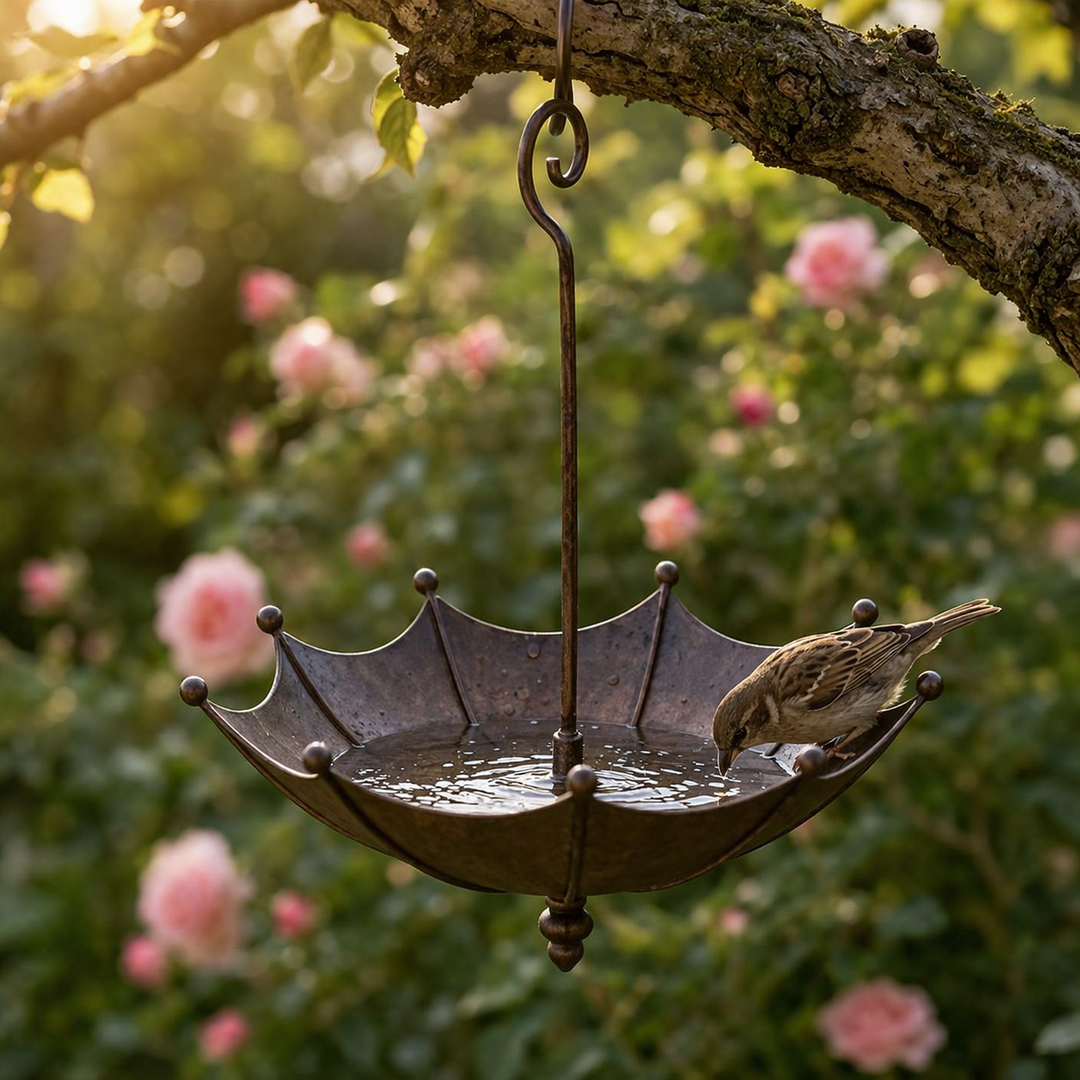 Hanging umbrella bird feeder and bath filled with water in a blooming garden