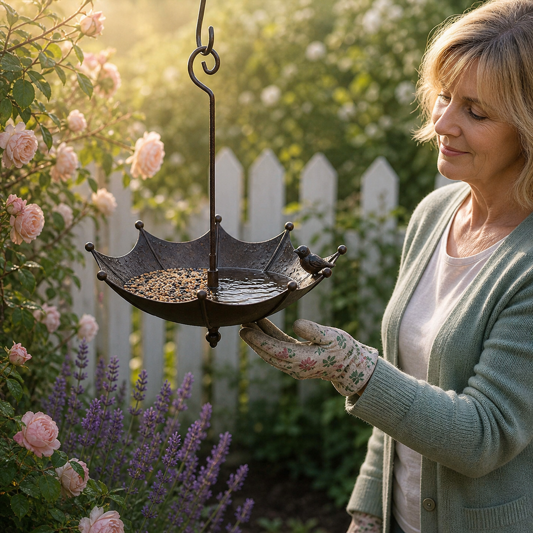 Woman holding the hanging umbrella bird feeder with seeds and water outdoors
