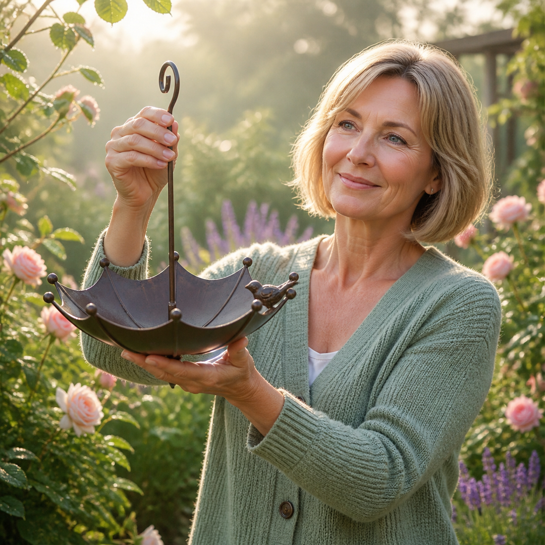 Gardener displaying the antique bronze umbrella bird feeder with little bird figurine