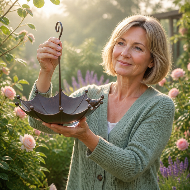 Gardener displaying the antique bronze umbrella bird feeder with little bird figurine