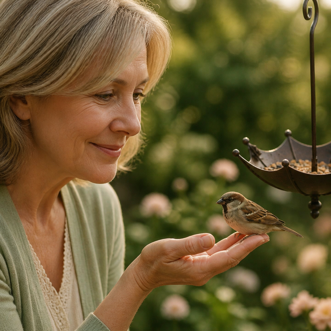 Decorative outdoor bird feeder with umbrella canopy and tray