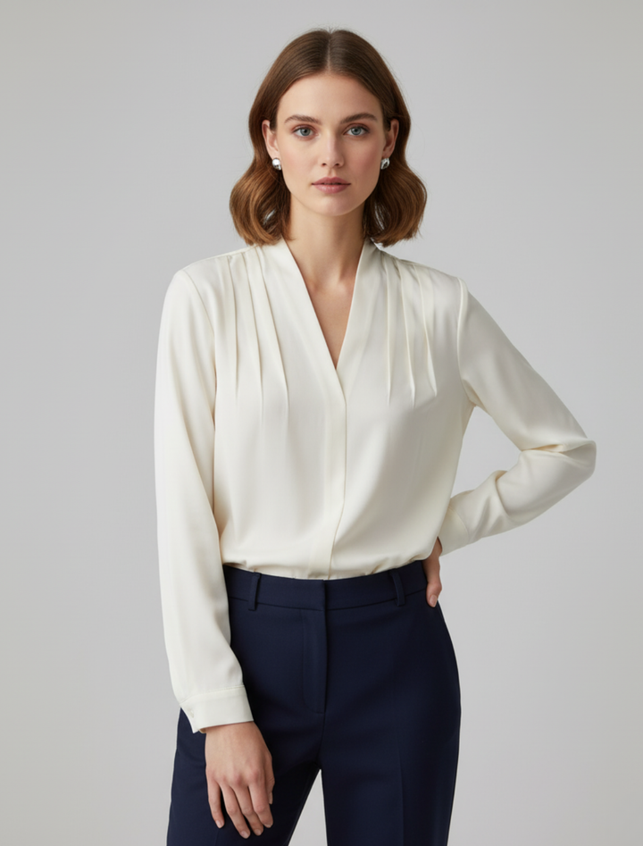 Model wearing ivory pleated V-neck satin blouse with dark trousers