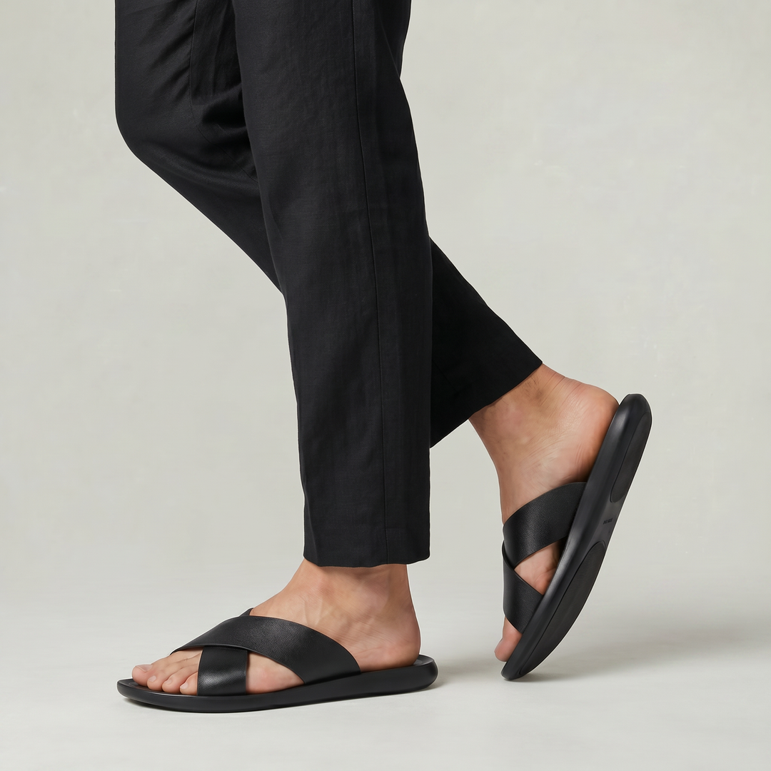 Mens black cross strap slide sandals casual summer footwear