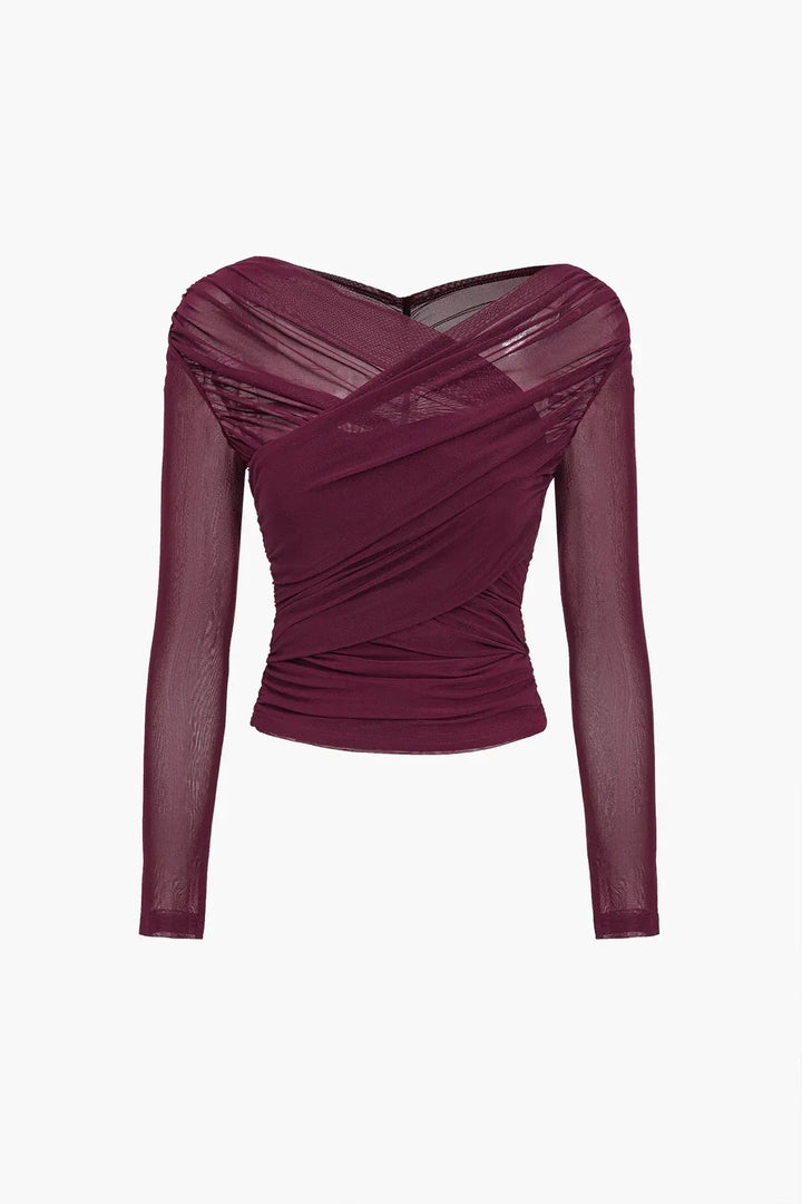 Women's long sleeve cross wrap top with chic ruched design