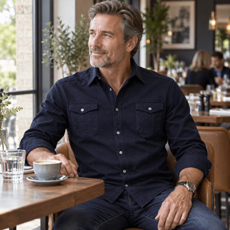 Detailed view of chest pocket on the casual utility overshirt