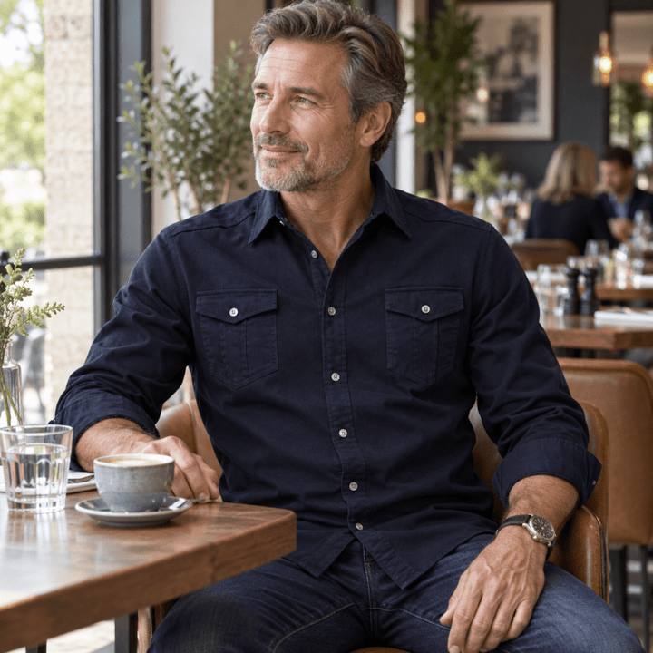 Detailed view of chest pocket on the casual utility overshirt