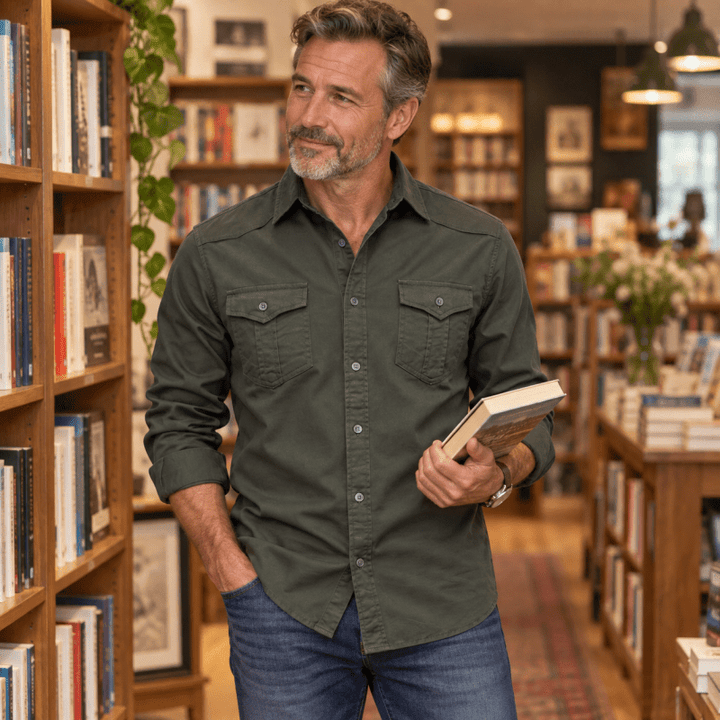 Men's utility long sleeve overshirt in solid color, front view