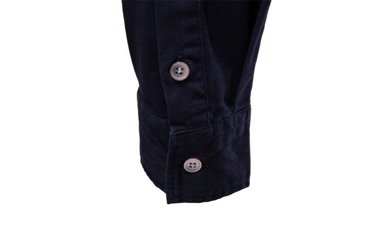 Hanging view of men's casual long sleeve utility overshirt