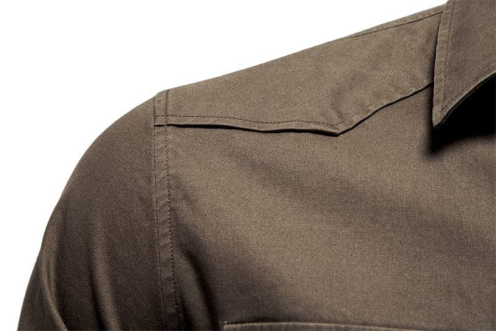 Close-up of shoulder seam and yoke on men's fashion shirt