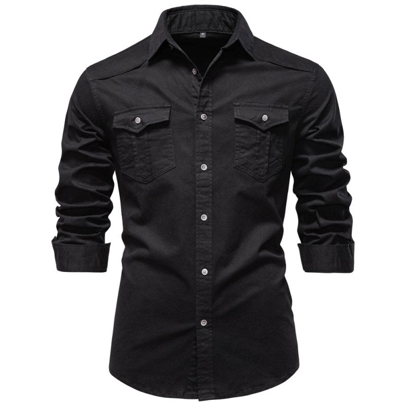 Lifestyle shot of man styling long sleeve utility shirt outdoors
