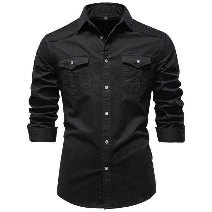 Lifestyle shot of man styling long sleeve utility shirt outdoors
