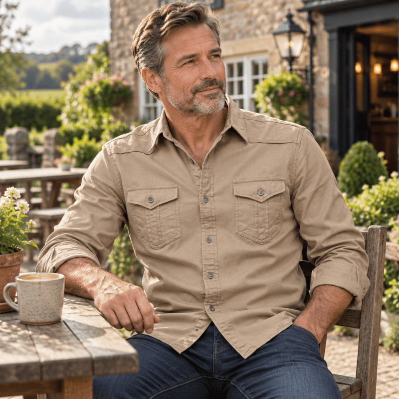Sleeve cuff and button detail on men's casual overshirt