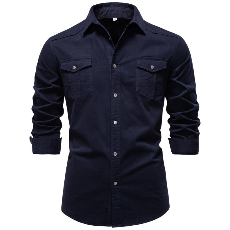 Side angle view of men's long sleeve utility shirt