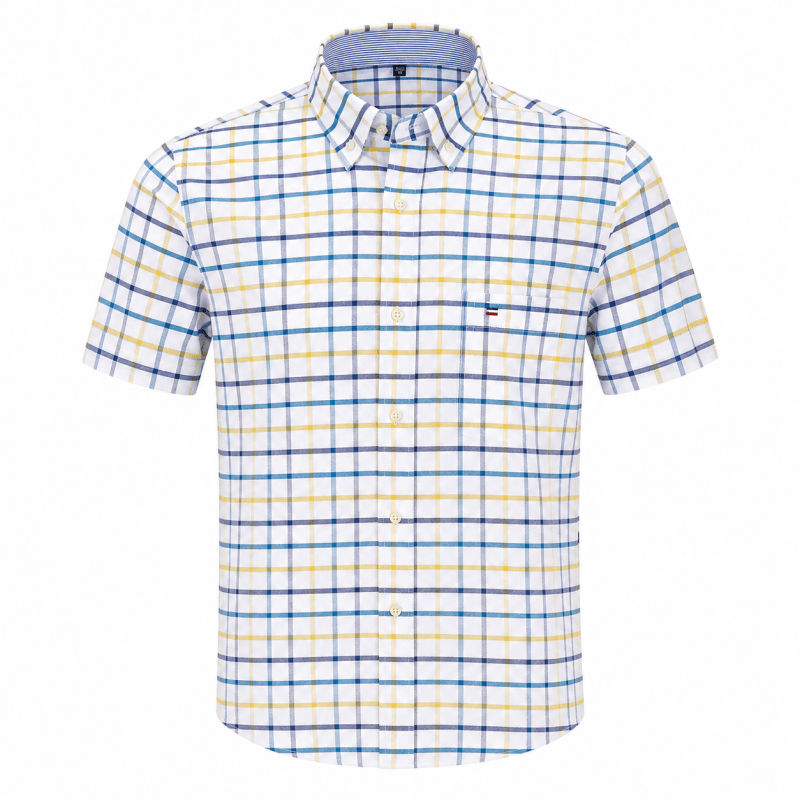 Close-up of button-down collar and durable stitching on men's casual shirt