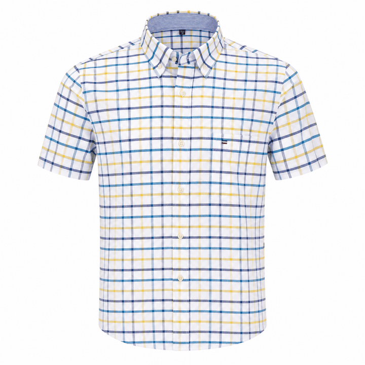 Close-up of button-down collar and durable stitching on men's casual shirt
