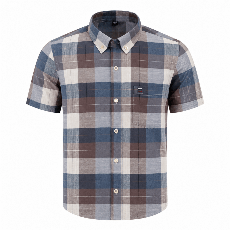 Bottom hem curve detail on men's breathable short sleeve Oxford shirt