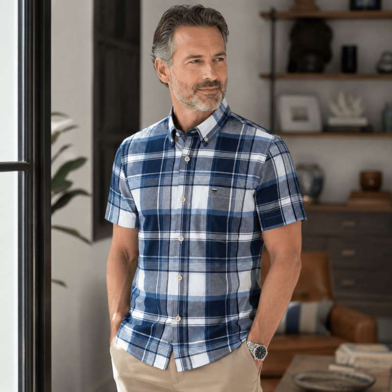 Men's short sleeve check shirt featuring classic plaid pattern design