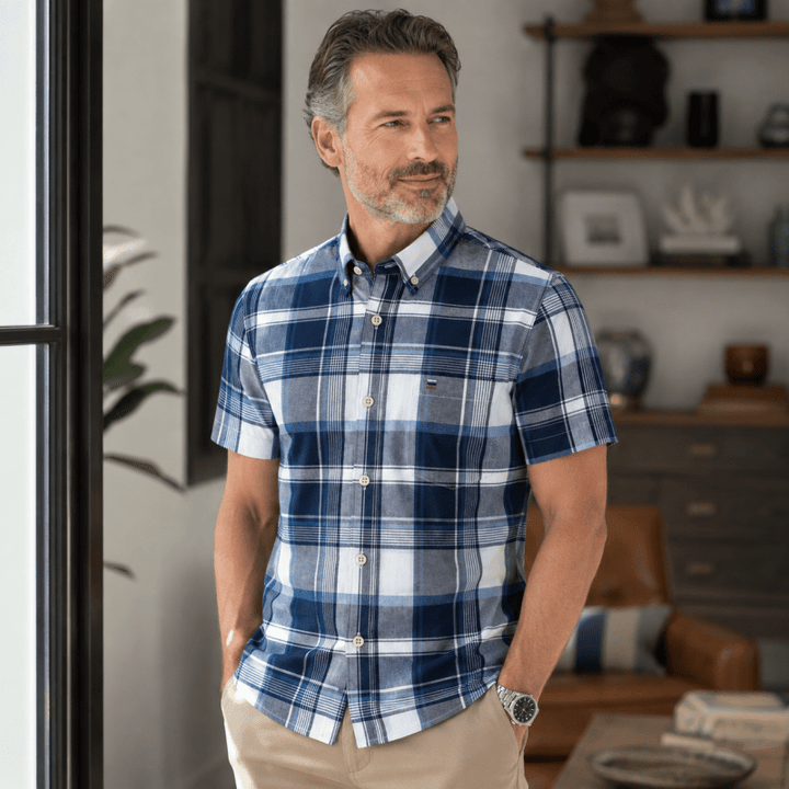Men's short sleeve check shirt featuring classic plaid pattern design