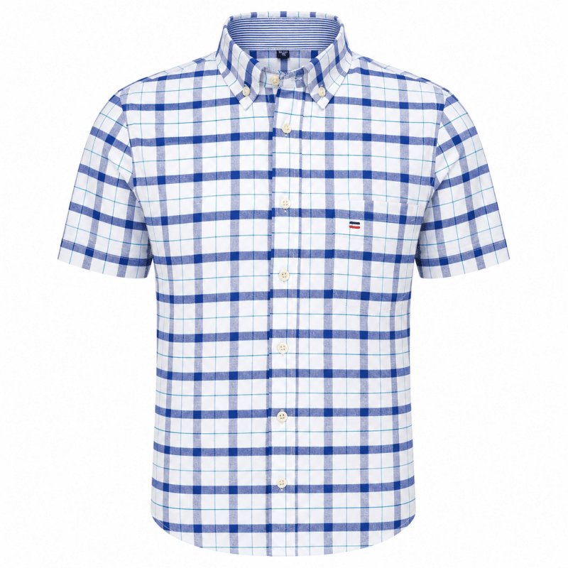 Casual men's short sleeve button-down shirt front view showcasing chest pocket