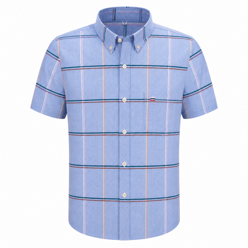 Model wearing men's short sleeve button-down shirt in outdoor setting