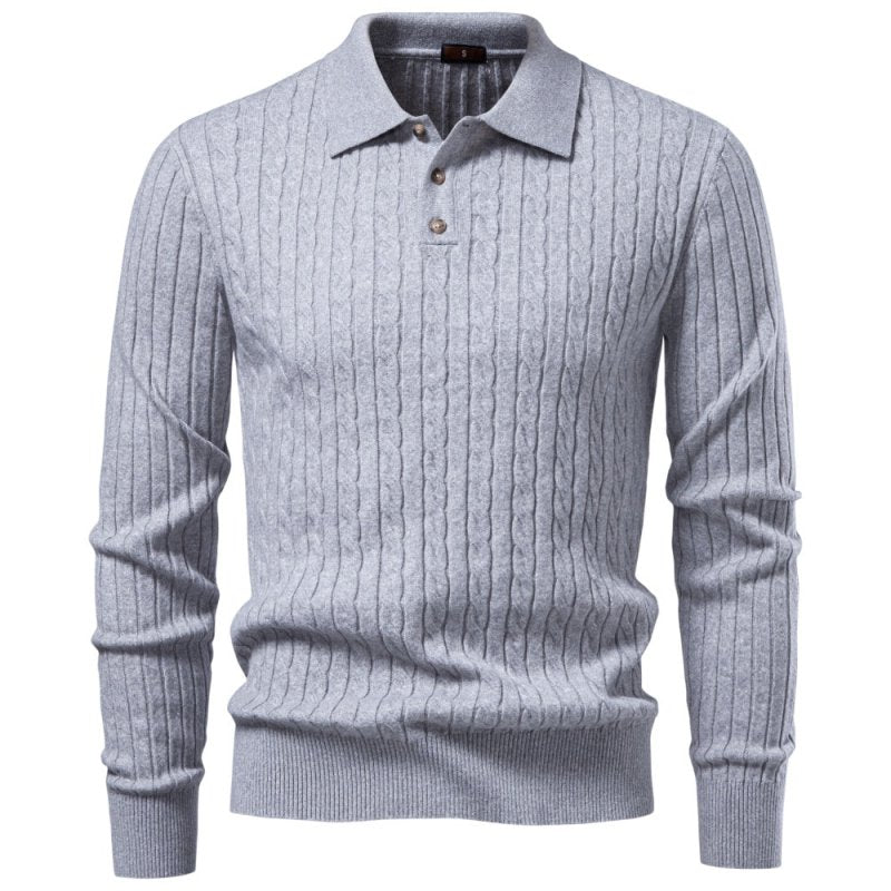 Side angle of men's menswear polo displaying texture and versatile layering design