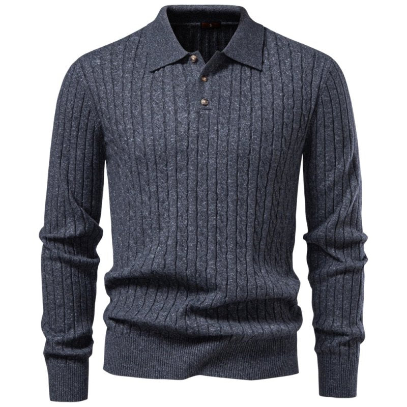Close-up view of the knitted texture and button placket on a men's long sleeve polo