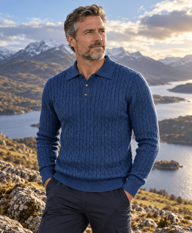 Back view of men's cable knit polo shirt showcasing tailored fit and long sleeves