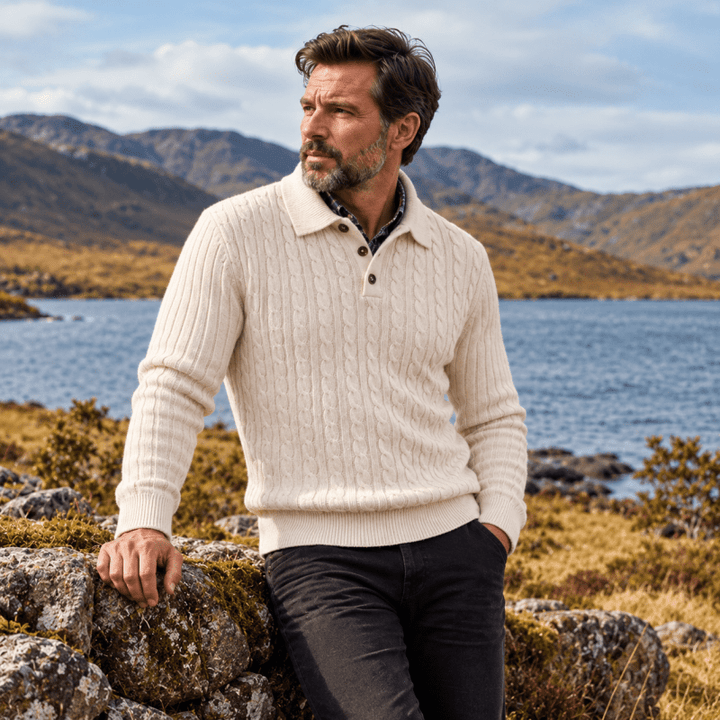 Men's cable knit long sleeve polo shirt in classic neutral color for smart casual style