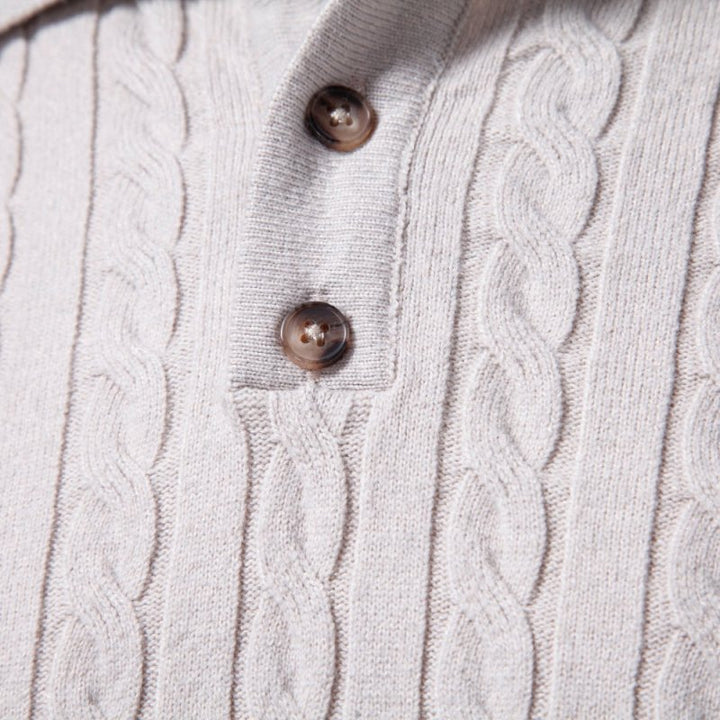 Collar detail and button closure of men's smart casual cable knit shirt