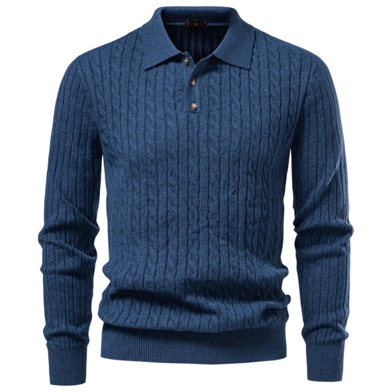 Flat lay of men's cable knit long sleeve polo shirt highlighting soft fabric