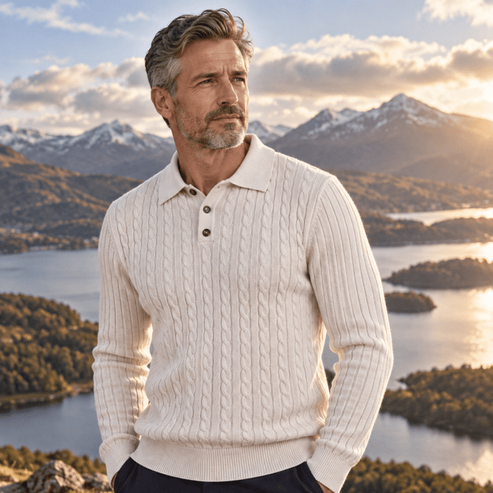 Men's winter style knitted polo shirt styled for a sophisticated everyday look