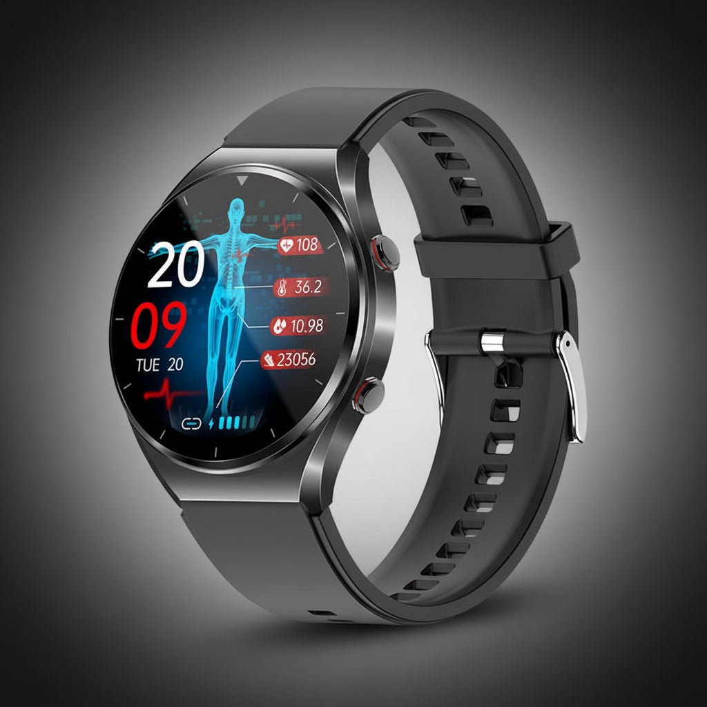 Black health smart watch showing biometric health metrics on digital display